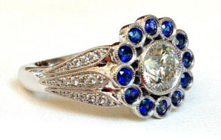 Sapphire And Diamond Halo Ring Flower Design