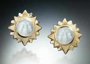 18K Gold Carved Moonstone Sun Earrings