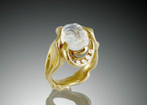 Asymmetrical Carved Moonstone Diamond Ring