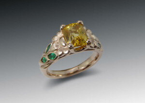 Sunflower Ring With Golden Sapphire And Emeralds In Rose Gold