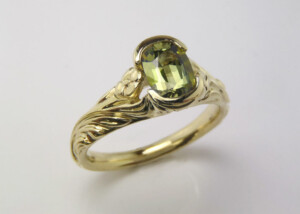 Green Sapphire 18K Carved Ring