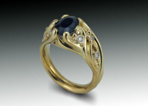 Dark Sapphire Diamond And Granulation Tendril Gold Ring