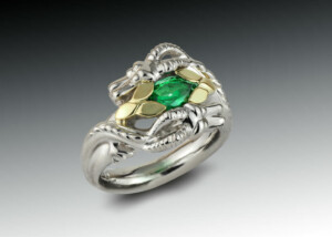 Emerald Double Dragon Ring In Platinum And 18K Yellow Gold