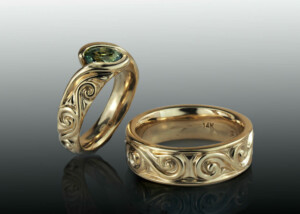Green Sapphire Carved Engagement And Band Set