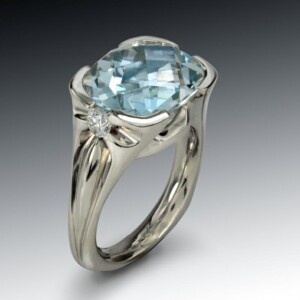 Rectangular Faceted Aquamarine Diamond Ring White Gold