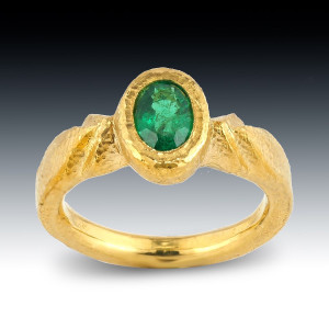 Emerald And 22K Gold Hammered Ring