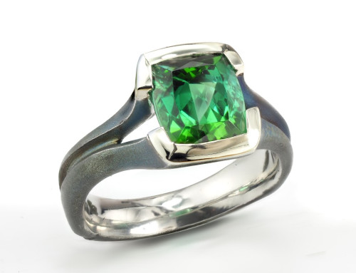 Green Tourmaline Oxidized Steel Ring