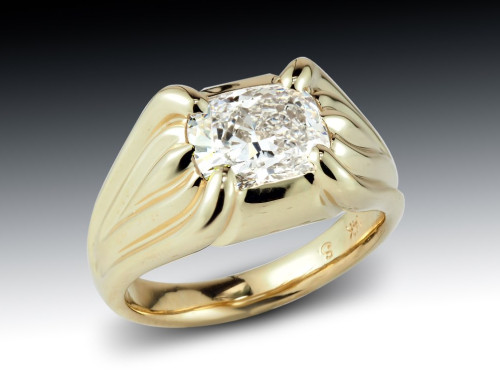 Mens Yellow Gold Cushion Cut Diamond Ring
