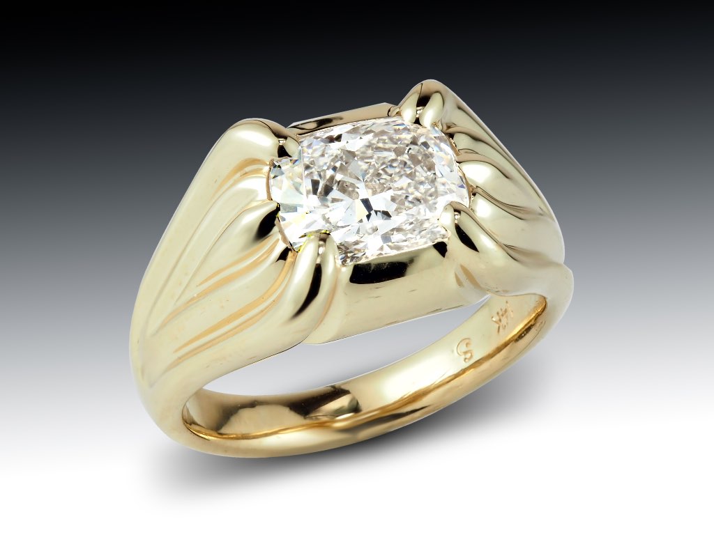 Mens Yellow Gold Cushion Cut Diamond Ring