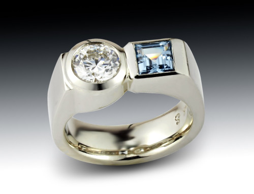 Toi et Moi Mens Diamond and Aqua Ring