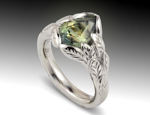 Green Sapphire Leafy Platinum Ring