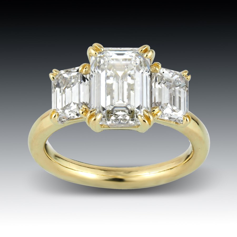Custom Designed Three Stone Emerald Cut Diamond Engagement Ring-2